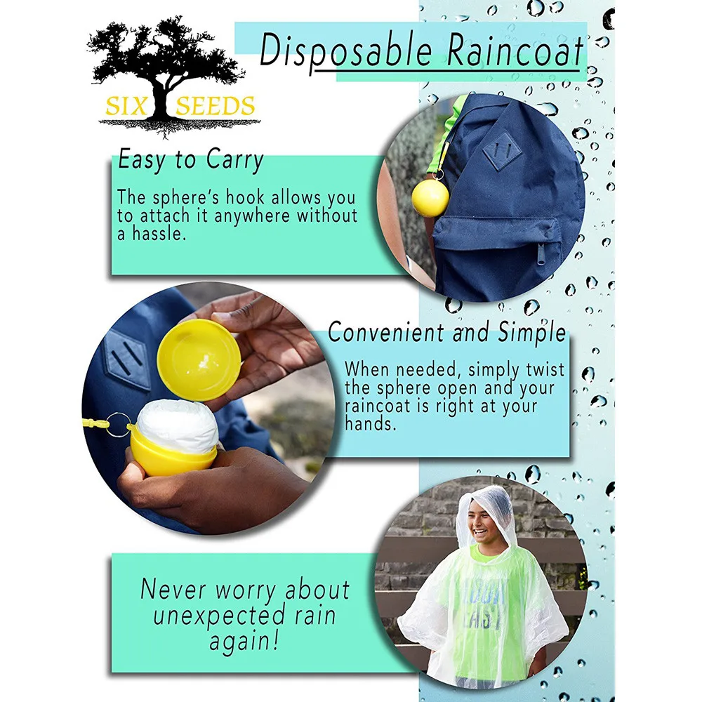 Portable Rain Ponchos Ball for Adults Disposable Extra Thick Emergency Waterproof Raincoat Colorful Poncho with Hook | Спорт и