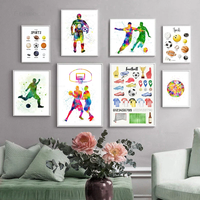

Watercolor Sport Posters and Prints Football Basketball Ball Sportsman Wall Art Canvas Painting for Living Room Decoration