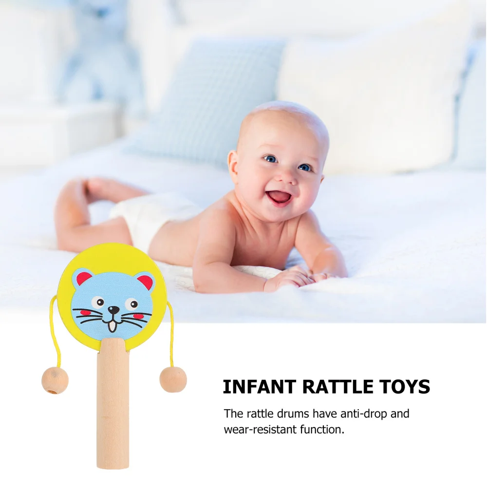 

5Pcs Baby Animal Rattle Drum Toys Early Education Wooden Cartoon Spin Drums