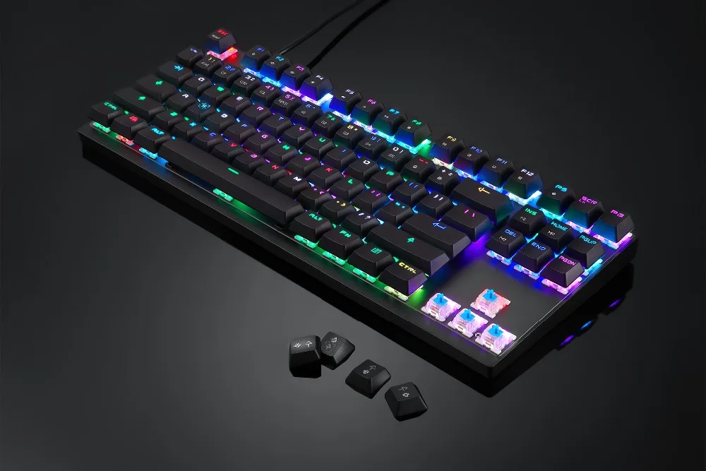 Механическая клавиатура фоновая подсветка RGB светодиодный проводной компьютерная игровая клавиатура, синие/красные переключатели, 87 клавиш N-Key rolover(черный и розовый