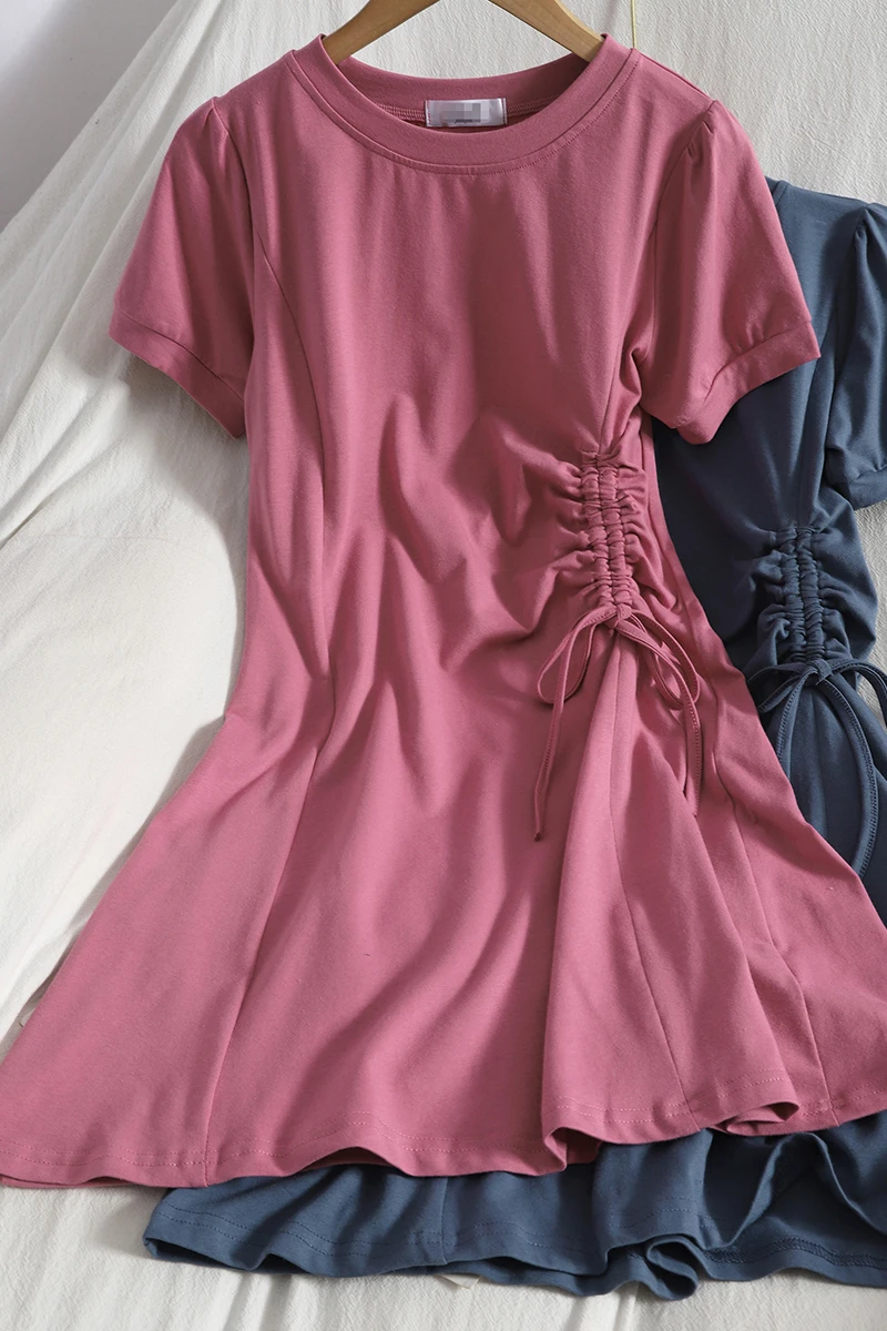 

A-line Slim Thin casual A-line Shirring Dress for womens o neck solid color mini dress summer drawstring lace-up hip dress