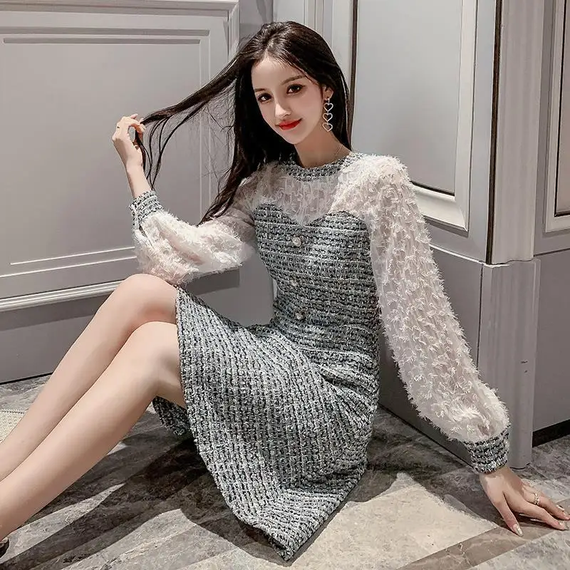 

Women 2019 Autumn Winter Fashion Elegant Patchwork Tweed Dresses Female Long Sleeve A-Line Dress Slim Retro Tassel Vestidos H46