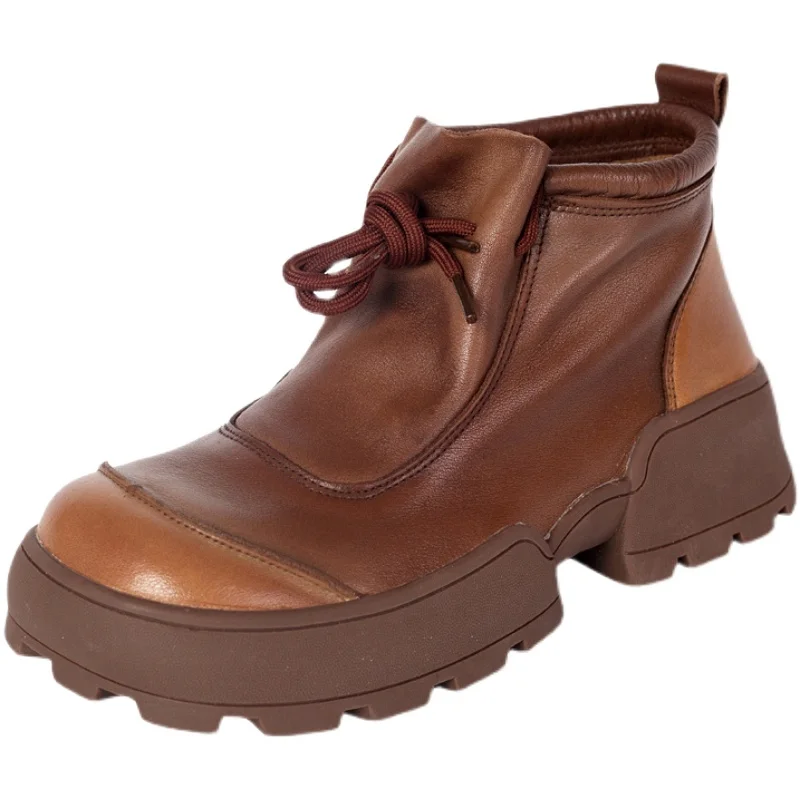 

TOACEK Women Boots 2021 New Genuine Leather Lace-up Women Shoes Handmade Retro Casual Concise Sewing Ankle Platform Boots