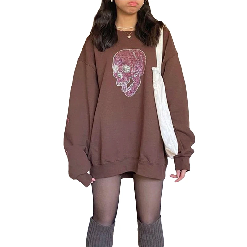 

Hirigin 2021 Women Casual Hip Hop Sweatshirt Adults Rhinestone Skull Pattern Long Sleeve Round Neck Pullover Streetwear