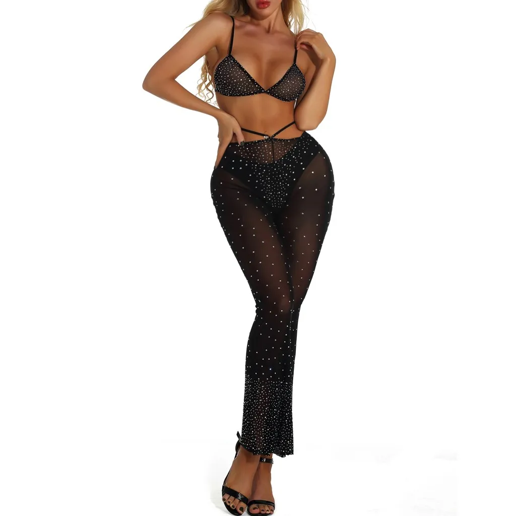 Женские блестящие сетчатые наборы бюстгалтер со стразами длинные штаны