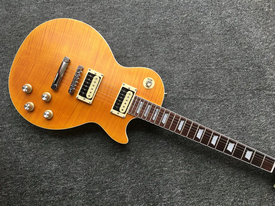 

High quality electric guitar matte yellow color with zebra pickups mahogany body and neck