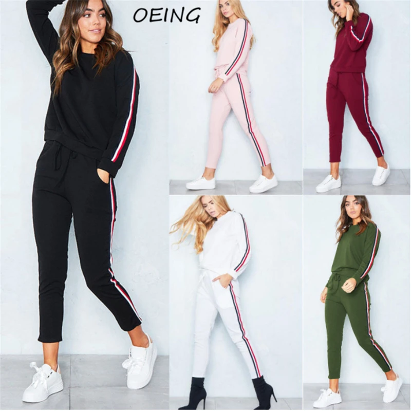 

2021 Spring Sweat Jogging Suits Women Sportswear 2 Piece Matching Sets Side Stripe Casual Tracksuit