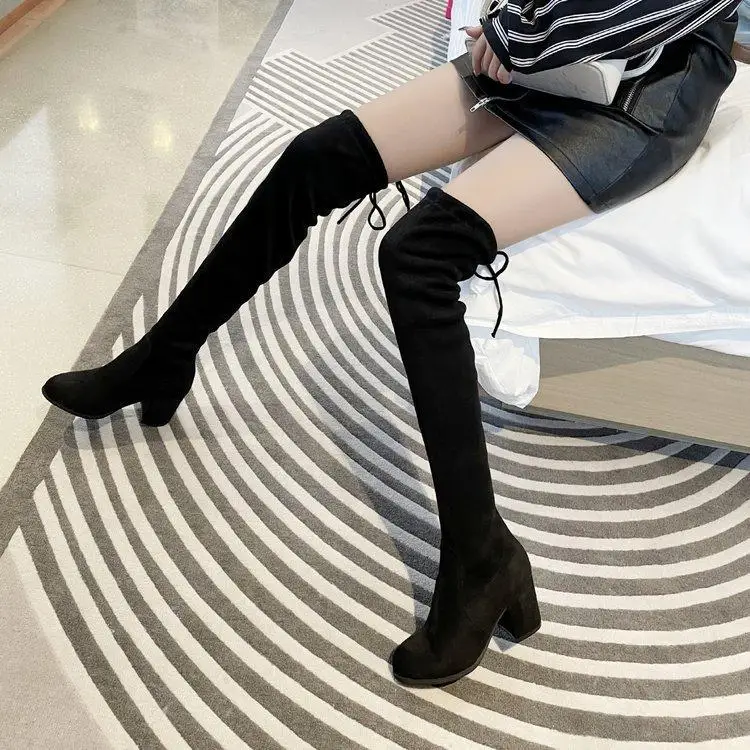 

Прямая поставка, Сапоги выше колена, женские осенне-зимние эластичные сапоги на толстом высоком каблуке, длинные сапоги