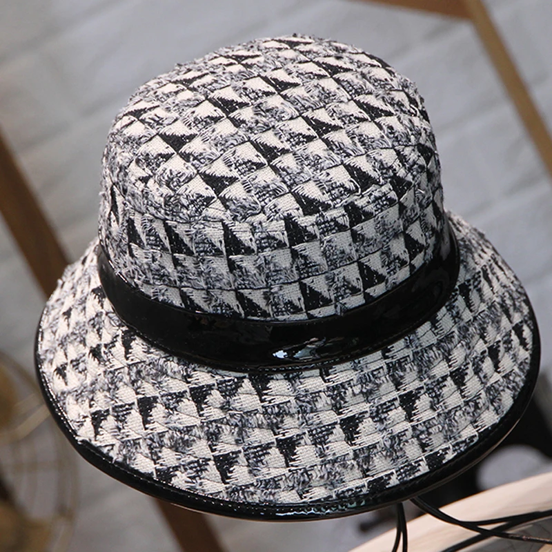 Designer Brand Women Tweed Fisherman Hat Autumn Plaid PU Leather Edging Bucket Hat Black Winter Houndstooth Ladies Basin Cap