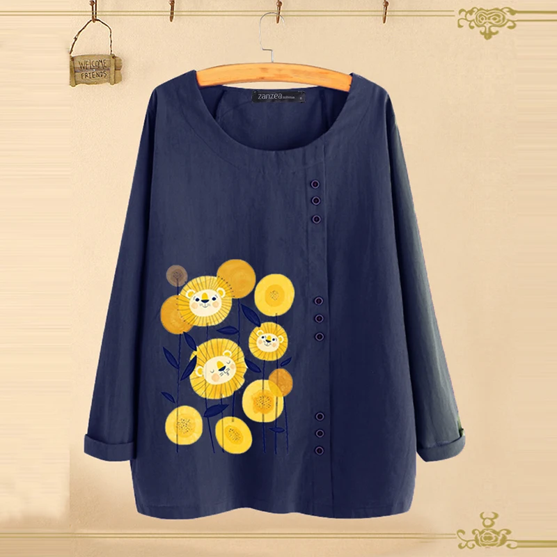 Style 3 Navy ZANZEA, осенняя блузка, Женская Повседневная рубашка с длинным рукавом, женские блузки с цветочным принтом, Женские винтажные топы с принтом, хлопковые льняные блузки - Цвет: Style 3 Navy