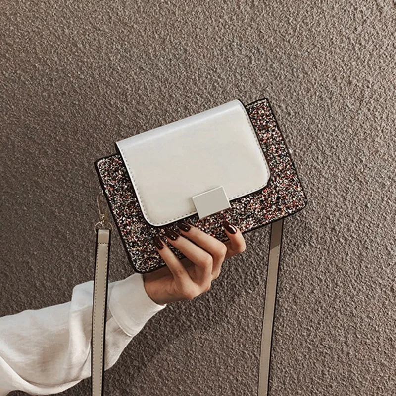 New Fashion Sequins Leather Lock Small Square Bag Wild Shoulder Messenger | Багаж и сумки