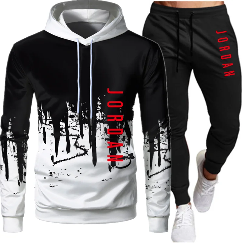

New 2 piece sportswear men's hooded sweatshirt + pants pullover hooded sportswear suit Ropa Humber casual men's clothes size S-3