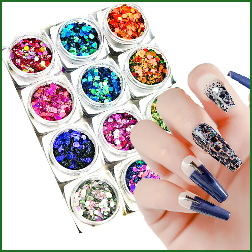 

1Box Mixed Size Colorful Chunky Powder Holographic Nail Glitter Flakes Sequin 12 Pcs In 1 Can For DIY Manicure Nails Tools HMT71