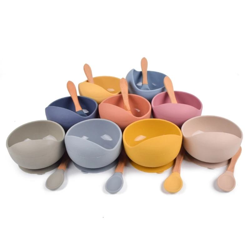 

5 Pcs Baby Silicone Bibs Divided Dinner Plate Sucker Bowl Spoon Fork Set Training Feeding Food Utensil Dishes Tableware Kit J60B