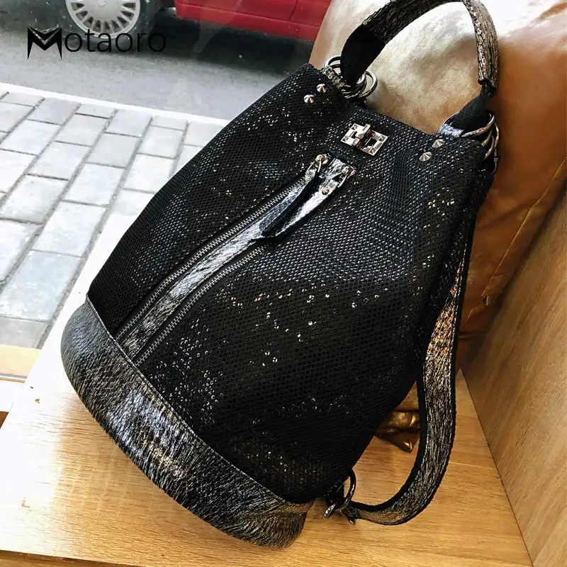 

Fashion Women Sequins Leather Backpack Balck Female Personality Lock Anti Theft Back Pack Woman Bagpack Travel Mochila Backpacks
