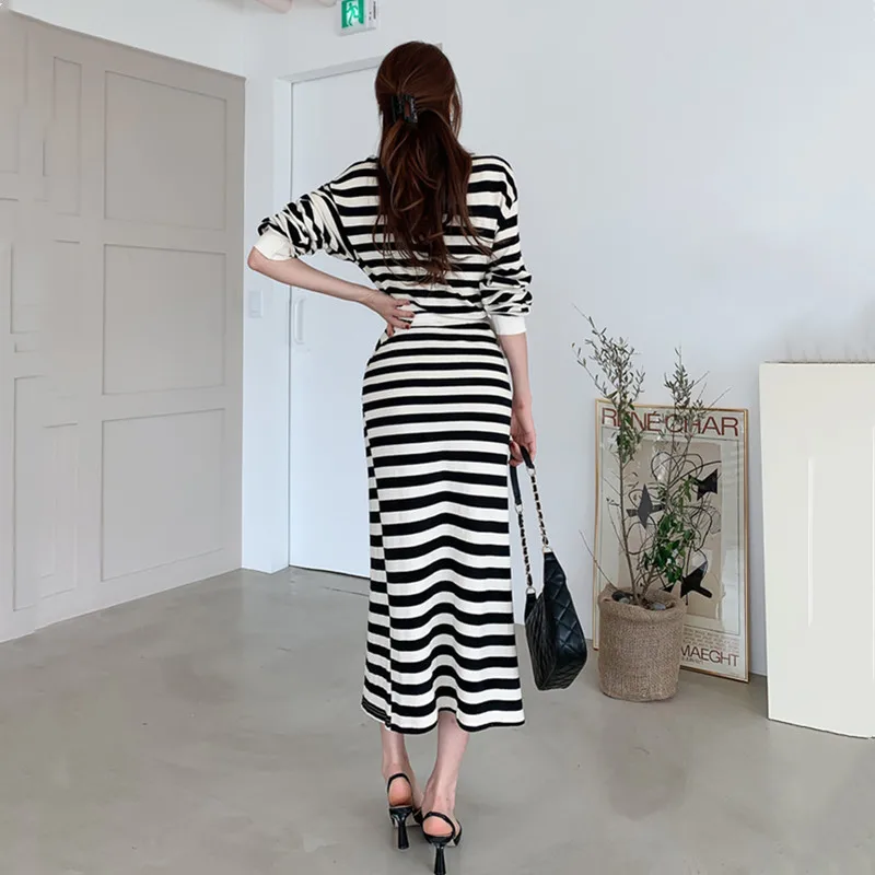 

2020 Fall New Fashion Women's Korean Style Temperament Waist Knitted Striped Casual Dress