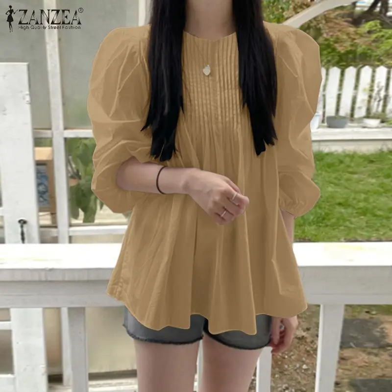 

Oversize Retro Holiday Tunic Tops Women Casual Baggy Blouse ZANZEA Elegant Full Puff Sleeve Chemise Spring Pleated Ruffle Shirt