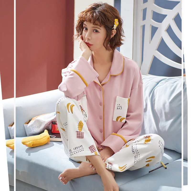 

Autumn Winter Women's Pajamas Two-piece Turn Down Collar Comfortable New Fashionable Print Home Wear Female Cute Nightwear