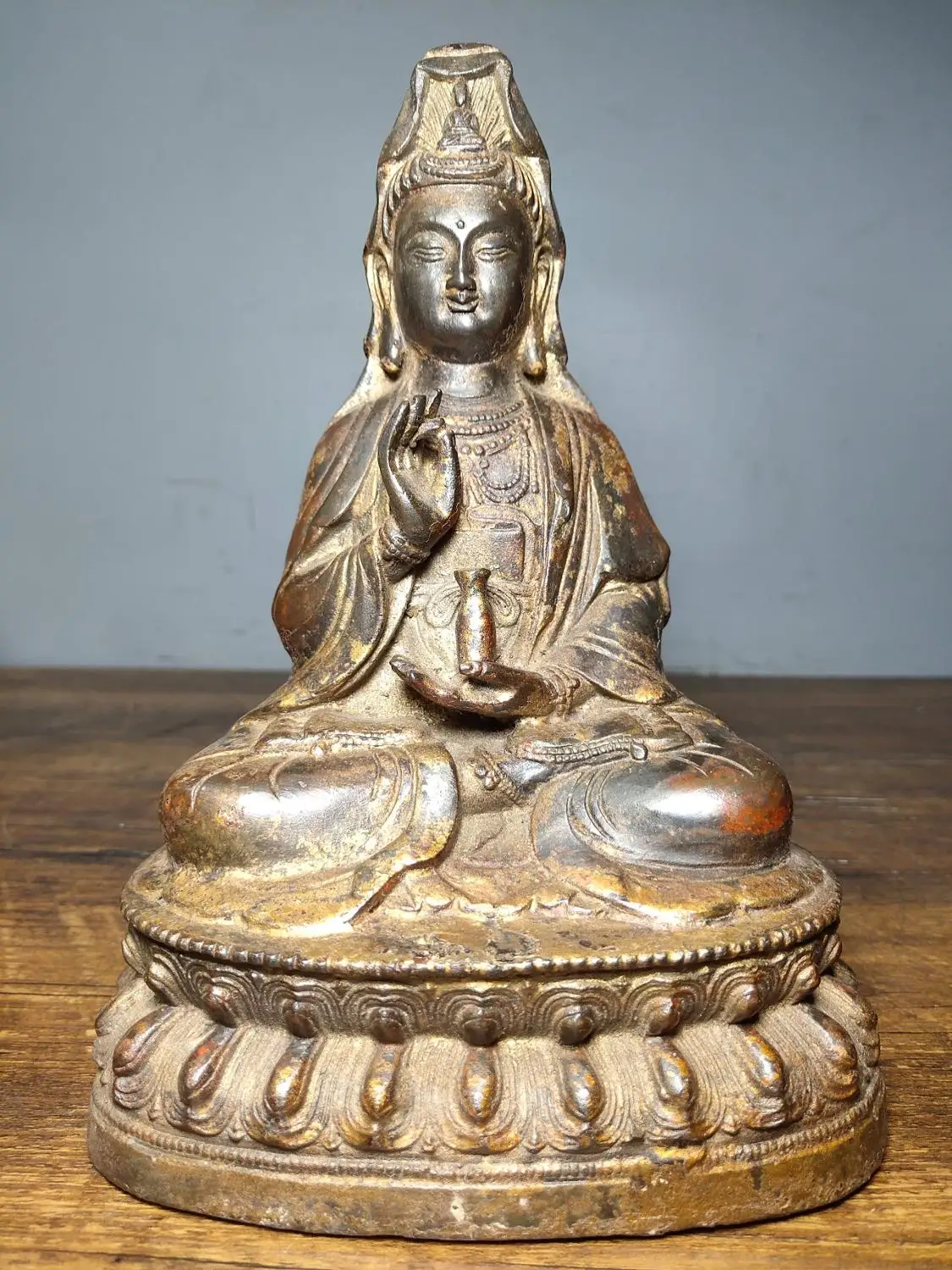 

8"Tibet Buddhism Temple Old Bronze Lacquer Cinnabars Pure Bottle Guanyin Bodhisattva Avalokitesvara Buddha Statue