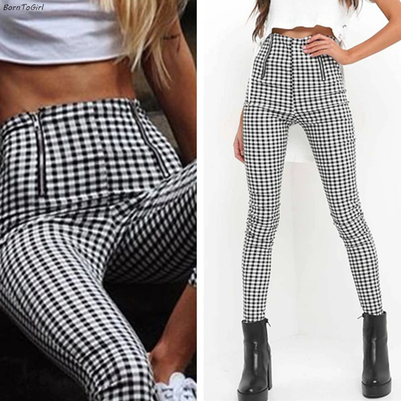 BornToGirl модные повседневные обтягивающие винтажные черно белые клетчатые штаны