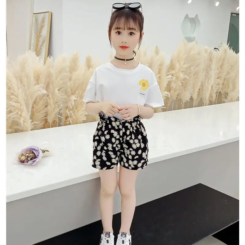 

Костюм для девочек, новая летняя детская одежда с цветочным принтом и короткими рукавами, хлопковая детская одежда с круглым вырезом