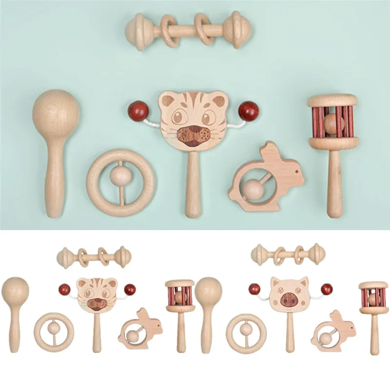 

6 Pcs Natural Wooden Baby Rattles Nerborn Teething Toys Baby Gym Hand Bell Rattles Montessori Toys Boys Girls Educational Toys