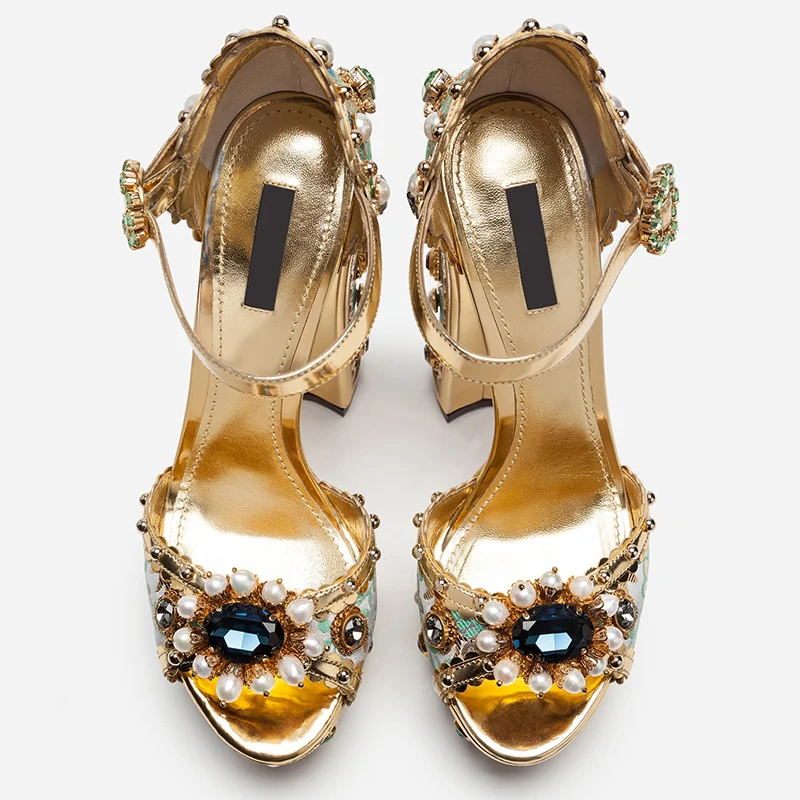 Украшенные Стразами Босоножки на платформе с вышивкой на высоком каблуке Женская обувь на массивном каблуке с пряжкой с кристаллами цветок из кристаллов из жемчуга Sandalias