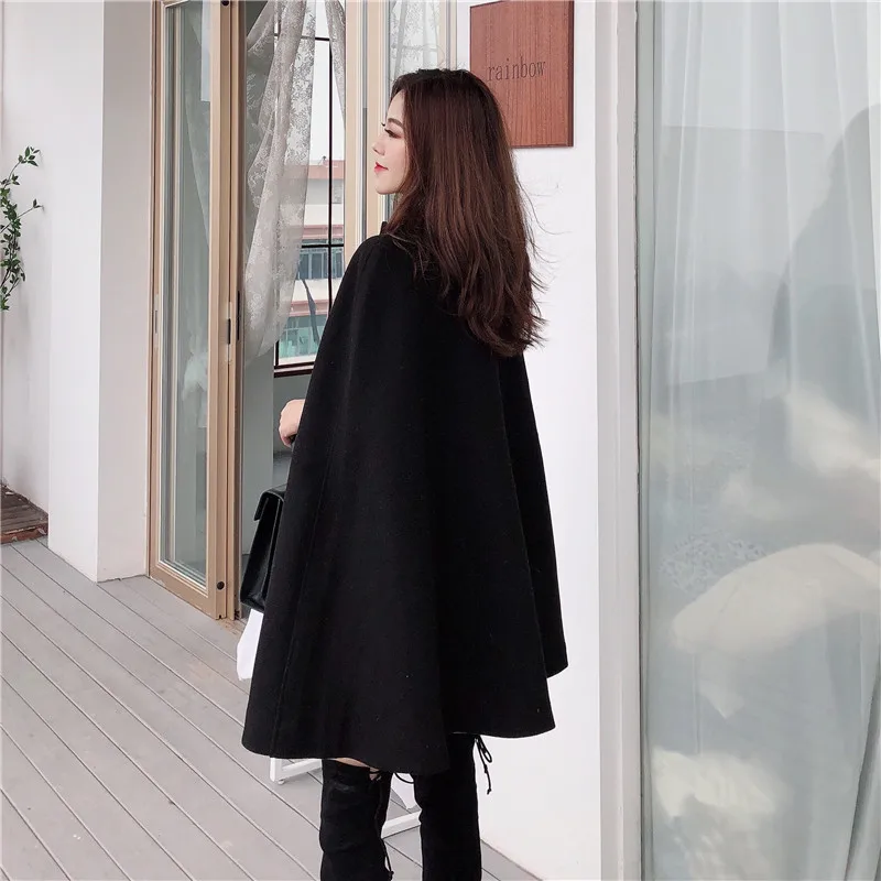 

Korean New Long Coat Style Solid Color Loose Cape Coats Collect Khaki Black Elegant Waist Woolen Medium Women Winter Tops Woman