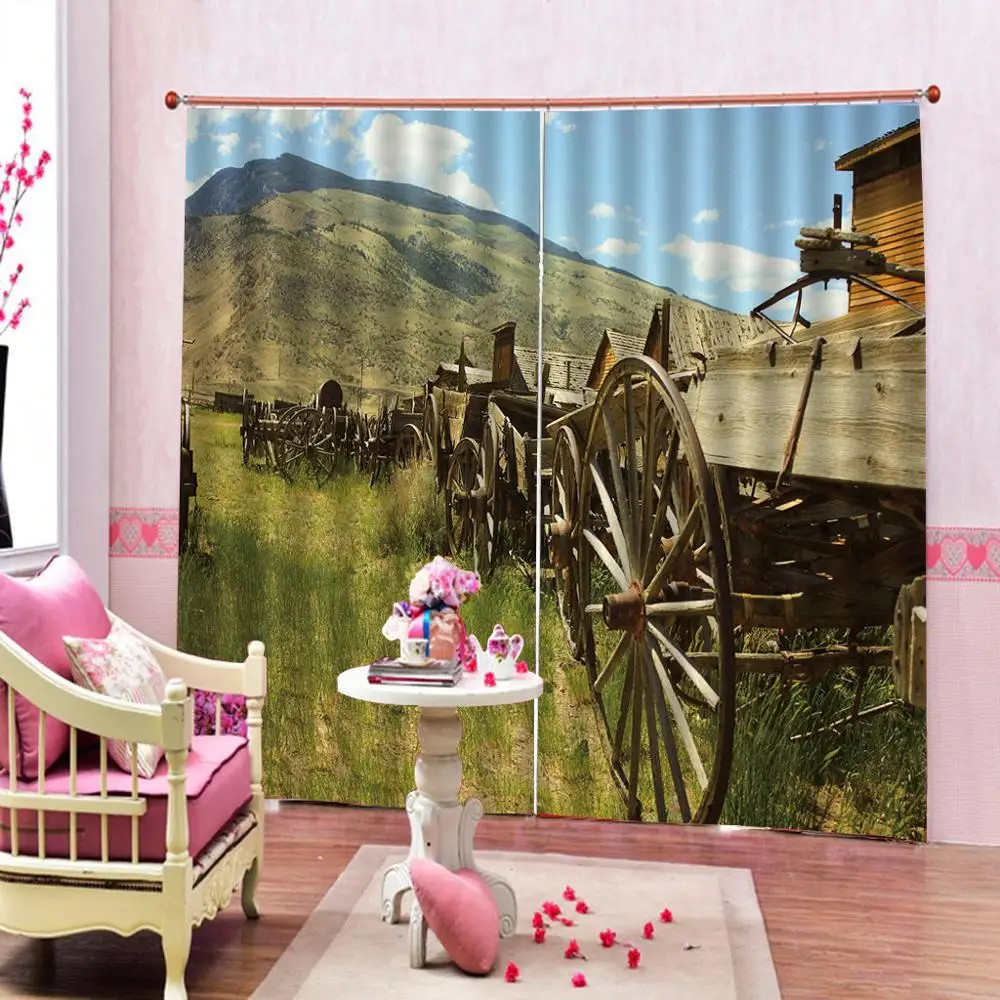 Фото на заказ зеленая трава 3D оконные занавески с деревянным автомобилем для