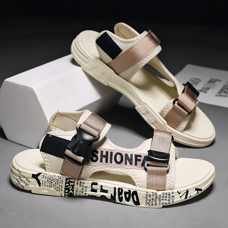 Мужские удобные сандалии летние бежевые повседневные с пряжкой массажные для