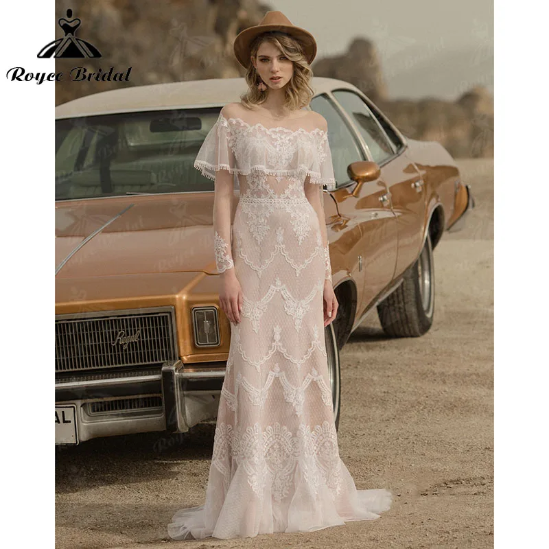 

2022 Mermaid Wedding Dress Lace Long Sleeve Backless Boat Neck Sweep Train vestido de boda corte sirena Roycebridal Roycebridal