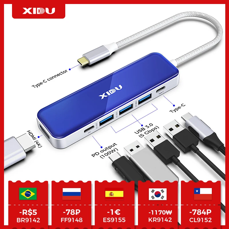 

XIDU USB 3.0 Hub 6 in 1Type-C Charging Hub 6 Connectors 4K HDMI Port Fast Charge Multiple Expander For Phone PC Computer Laptop
