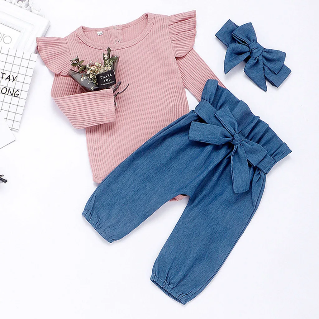 

Spring Summer Newborns Baby Girl Clothes Set Long Sleeve Outfit Bodysuit Big Bow Pants And Headband 3 Pieces Baby Girls Sets