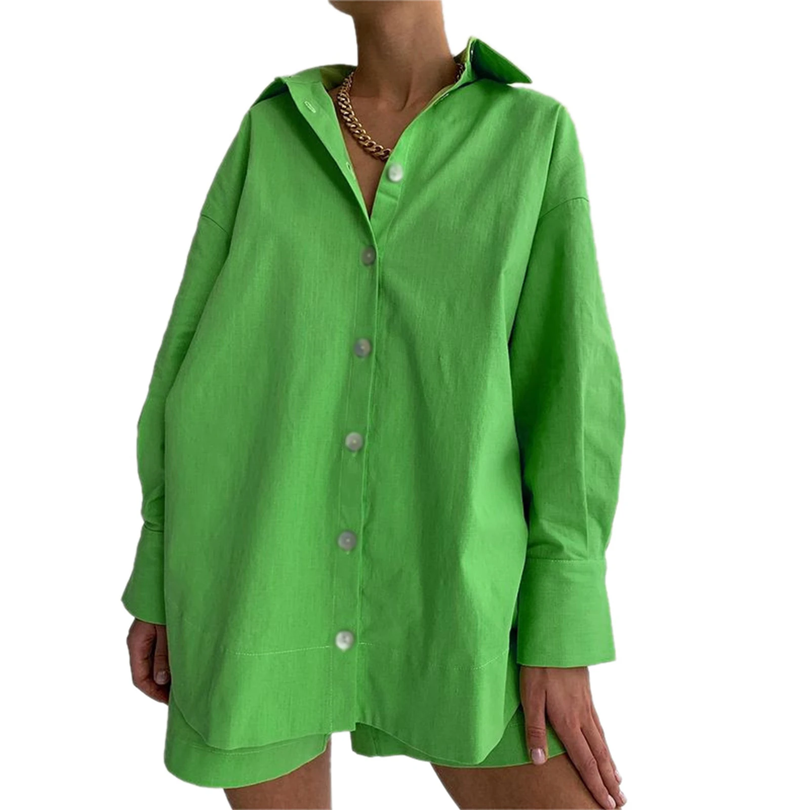 

Women Shirt + Shorts, Casual Style Loose Version High Waist Design Solid Color Spring Clothing