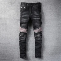 street style fashion men jeans high quality black gray elastic slim fit spliced designer biker jeans men hip hop denim pants