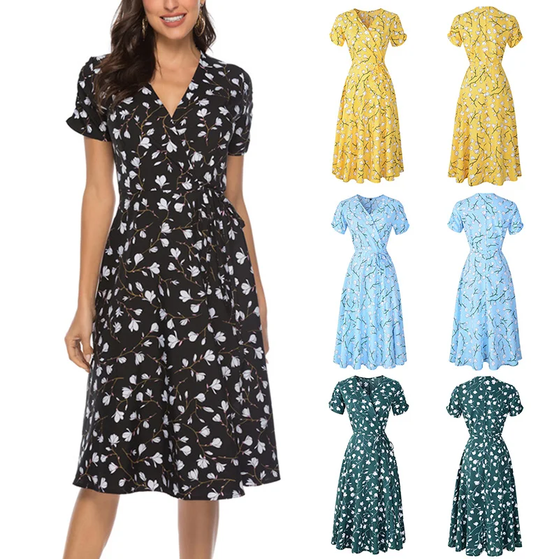 Лидер продаж женское платье миди с цветочным рисунком глубокий v образный вырез