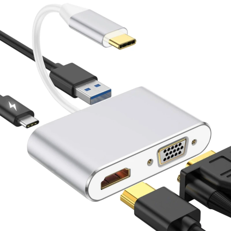 

4 Ports USB 3.0 HUB, USB Extension VGA Laptop Docking Station Computer Accessories with Type C Power Supply Port