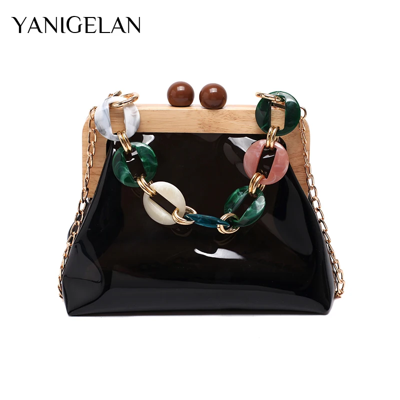 

YANIGELAN PVC Wooden Clip Lady Crossbody Bag Solid Color Handbag Jelly Phone Pack Transparent Purses Tote Bag New Torebka Damska