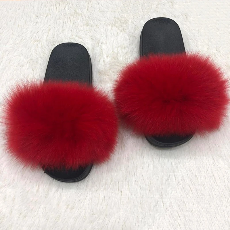 Натуральным лисьим мехом туфли женские шлепанцы пушистые милые плюшевые без
