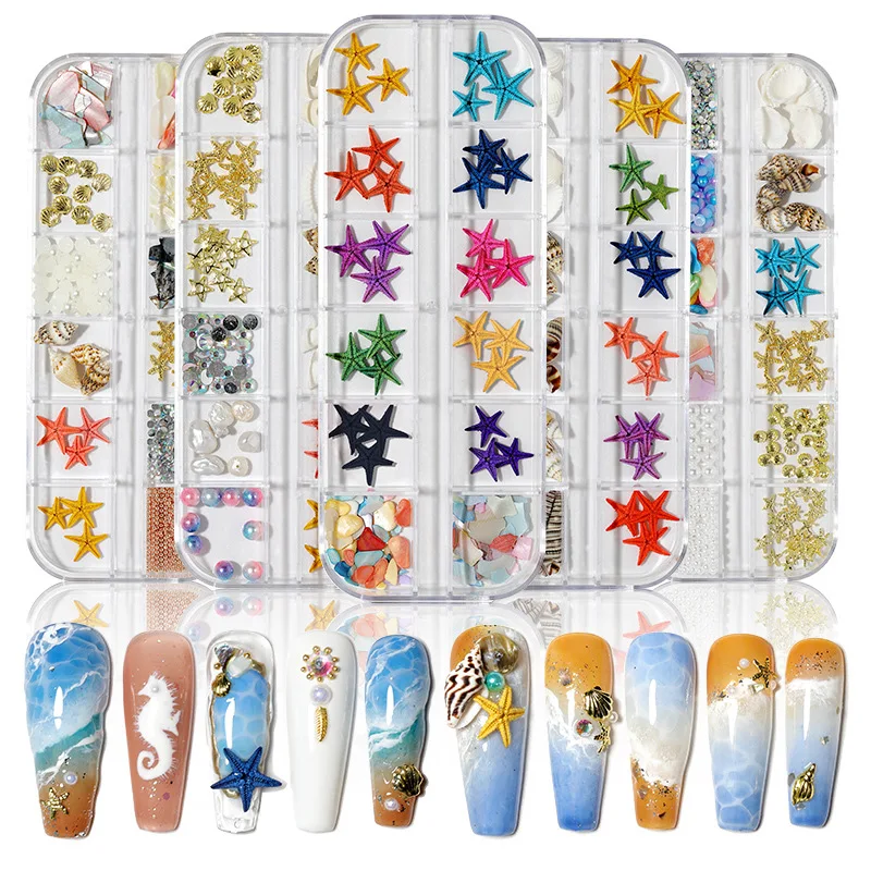 

12 Grids Nail Art Decorations Metal Pearl Shell Starfish Conch Rhinestone Ocean Wind Irregular Abalone Shell Nails Accessories