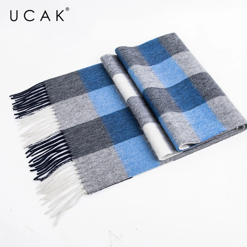 UCAK Brand Autumn Winter Warm Scarfs Soft Men Women Casual Plaid Pure Wool Scarf Shawl Wrap Knit Long Striped With Tassel A17