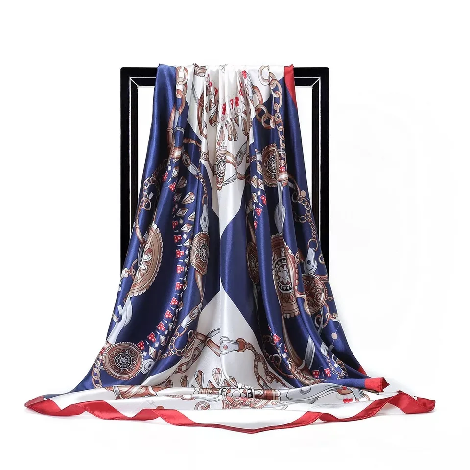 

2021 90*90cm Summer Women Silk Foulard Scarves Square Scarf Ladies Luxury Brand Beach Shawl Bandanna Large Hijab muffler female