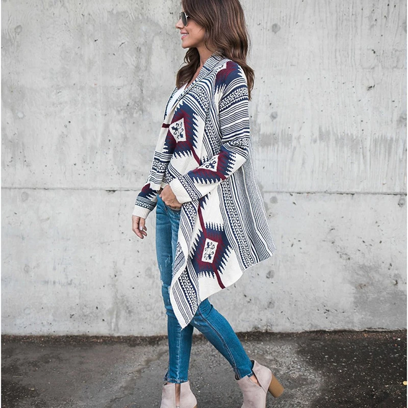 Женский вязаный кардиган длинные свитера в народном стиле повседневный