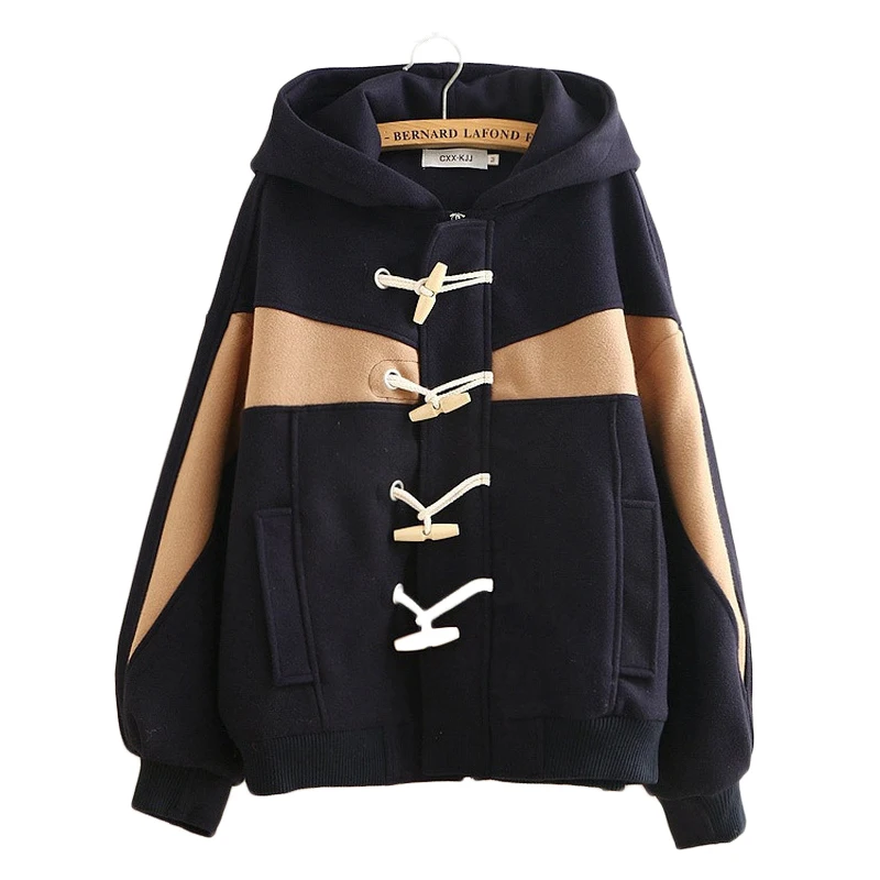

Winter Women Coat Patchwork Cotton Pockets Button Hooded Horn Button Female Jacket Wool Coat Women Black Wool Jacket