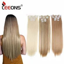 Leeons-16 clips de extensiones de cabello sintético, 16 colores, largo y liso, en fibra de alta temperatura, negro y marrón