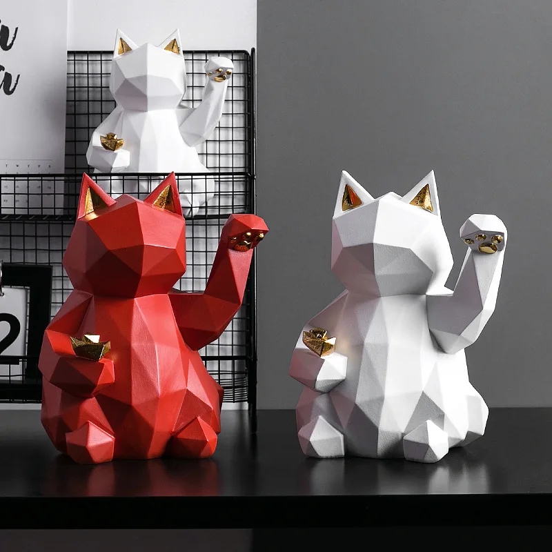 

Geometric Animal Statue Lucky Cat Collectible Figurine Feng Shui Successful Career Luck and Fortune Charm Good Health Home Decor