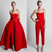 sexy sweetheart red evening pants with detachable train backless elegant prom dress bow for women satin vestidos de noche