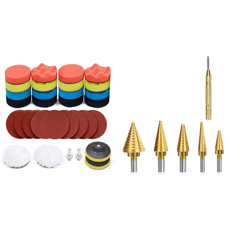 

Promotion! Polishing Pad Kit, Car Foam Drill Bit Polishing Pad Wool Pad Liner With 6Pcs HSS Titanium Coated Step Drill Bit