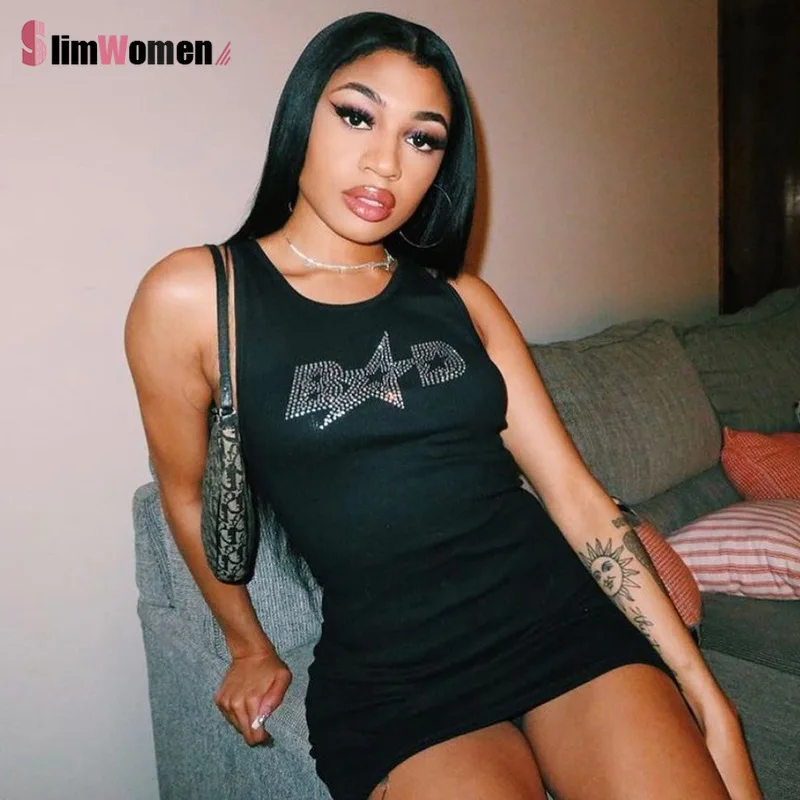 Женское Ребристое мини-платье Y2K с надписью и стразами облегающее пикантное