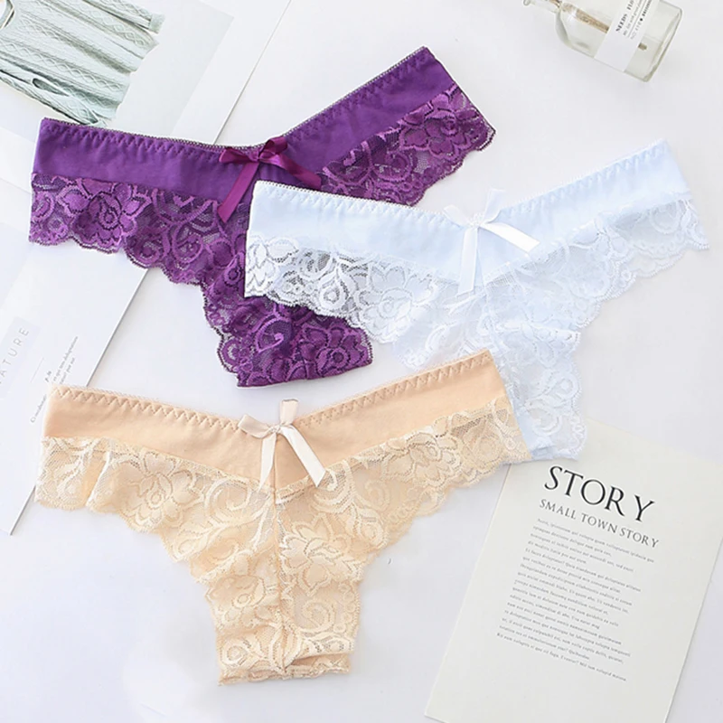 

3Pcs Lot Panties Women Lace Sexy G-String Briefs Lingerie Low Waist Cotton Crotch Female Underwear